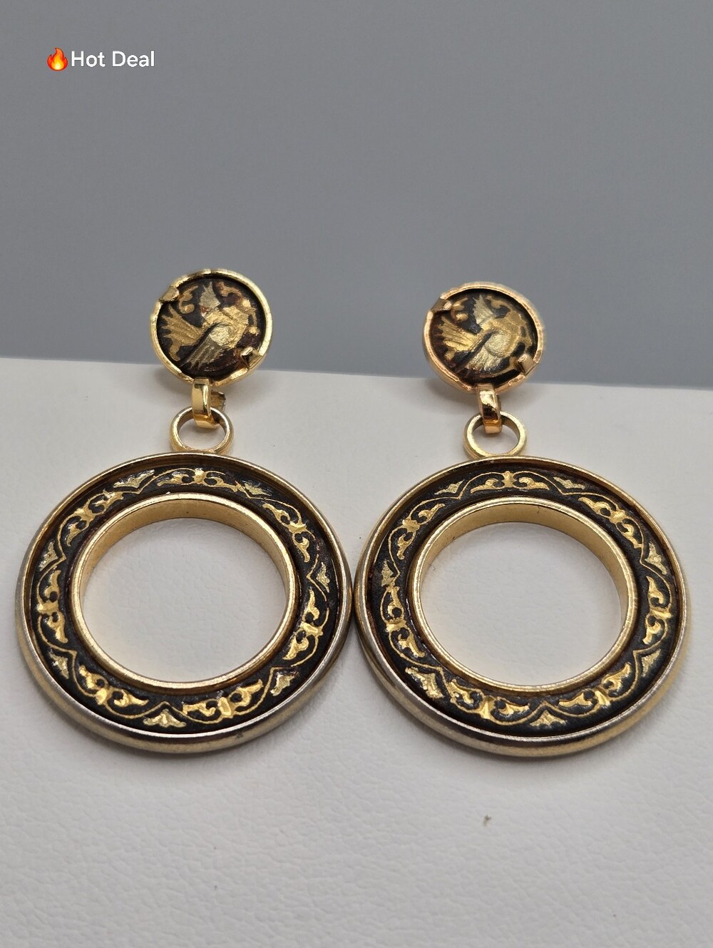 Spanish Damascene Toledo Hoop Drop Earrings Gold Black 1.25" Vintage